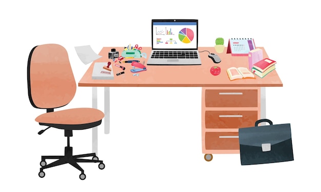 Office workplace with various of stationery clipart. office desk with laptop, calendar, stapler