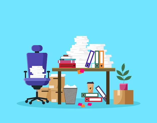 Office workplace Workplace with chair books folders coffee cup and plant Vector illustration