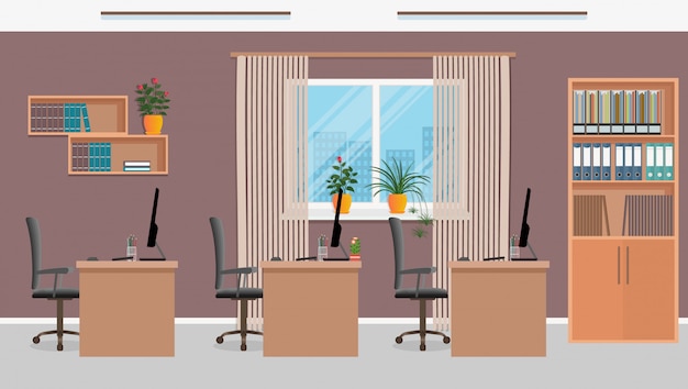 Office workspace design with three workplaces and office furniture like tables, laptops, armchairs. Working room interior