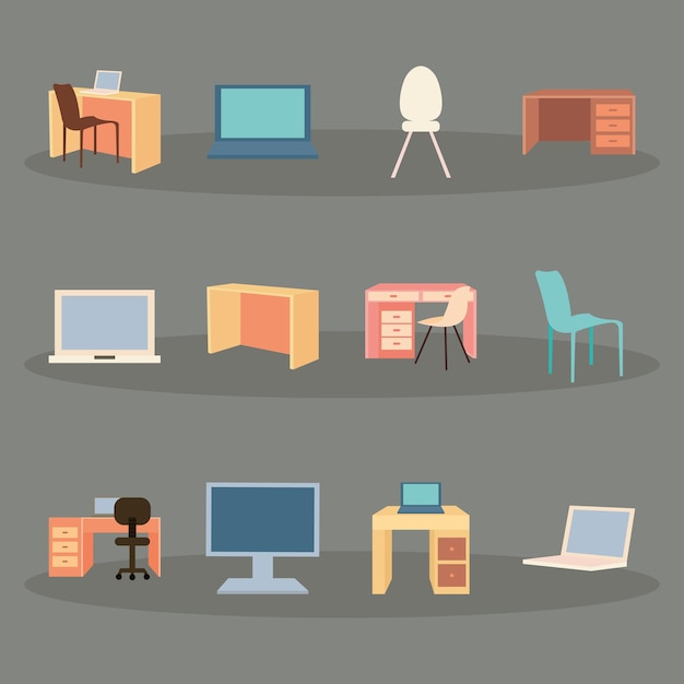 Office and workspaces icon set