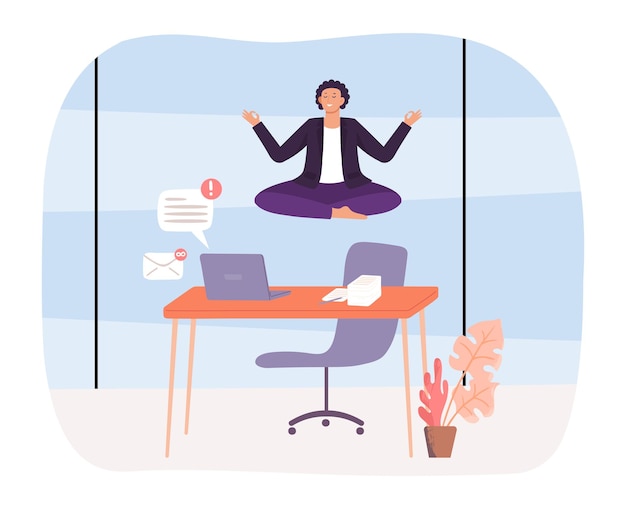 Vector office yoga employee sitting in lotus position worker levitating over desktop with laptop character receiving notifications