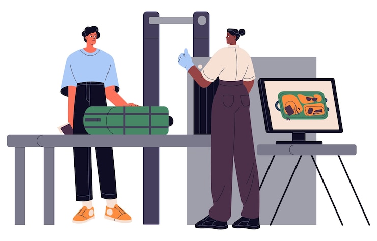Vector officer screening baggage on conveyor airport safety worker checking luggage on xray customs control passenger on metal detector scan area checkpoint flat isolated vector illustration on white