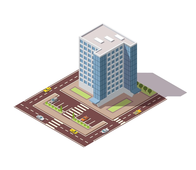 Uffici isometrici edificio di appartamenti in città con strada e automobili per la creazione di mappe della città elemento infografico composizione della casa di città con strade