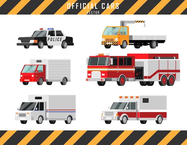 Vettore set di icone vettoriali di auto ufficiali. ambulanza, polizia, camion dei pompieri, camion della posta, carro attrezzi, gru, illustrazione del camion del camion stile del fumetto