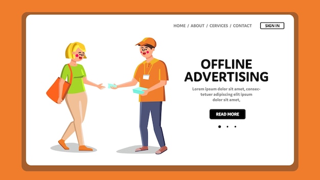 オフライン広告、労働者はリーフレットベクトルを与えます。路上でオフライン広告職業プロモーター、バッジを与える男性は女性にチラシを広告します。キャラクターウェブフラット漫画イラスト