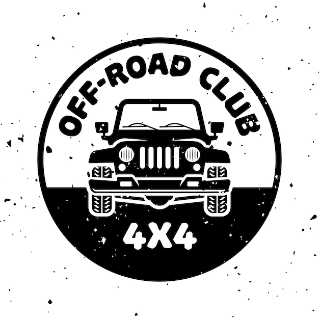 Vector offroad car front view vector round monochrome vintage emblem isolated on white background