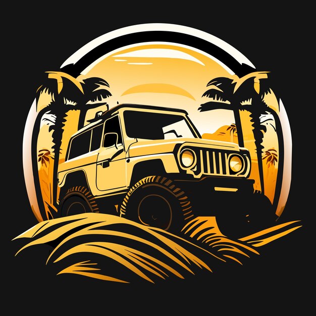 Vettore illustrazione isolata del concetto di icona dell'autoadesivo del fumetto disegnato a mano della jeep fuoristrada