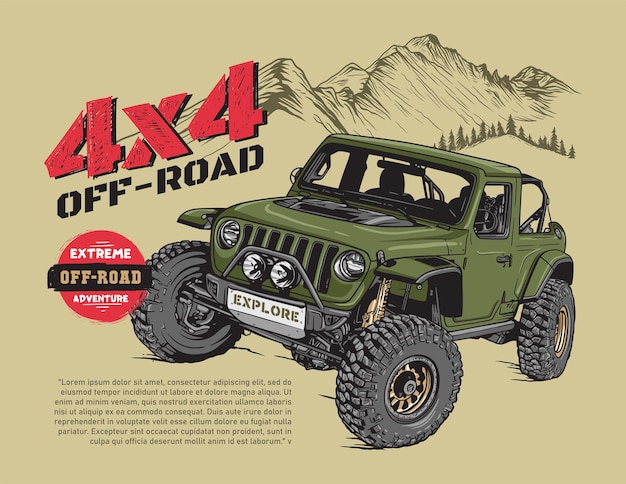 Vector offroad jeep with rocky mountain background