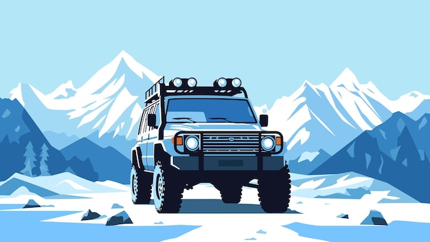 Vettore fuoristrada suv in piedi nella neve sulle montagne invernali sfondo 4x4 avventura illustrazione vettoriale