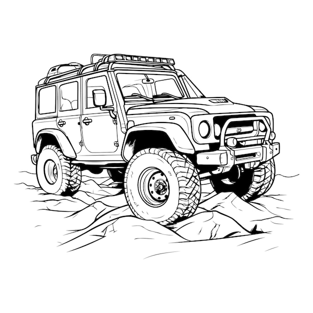 Offroad vehicle on the sand Black and white vector illustration