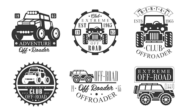Vector offroader extreme club retro logo set off road adventures monochrome badges vector illustration