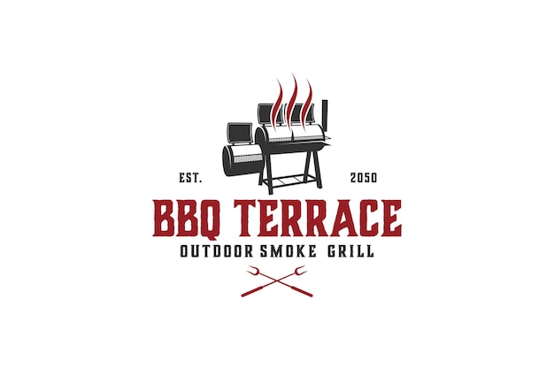 Offset Barrel smoker bbq grill logo design drum smoker silhouette barbecue fork utensil bbq tool