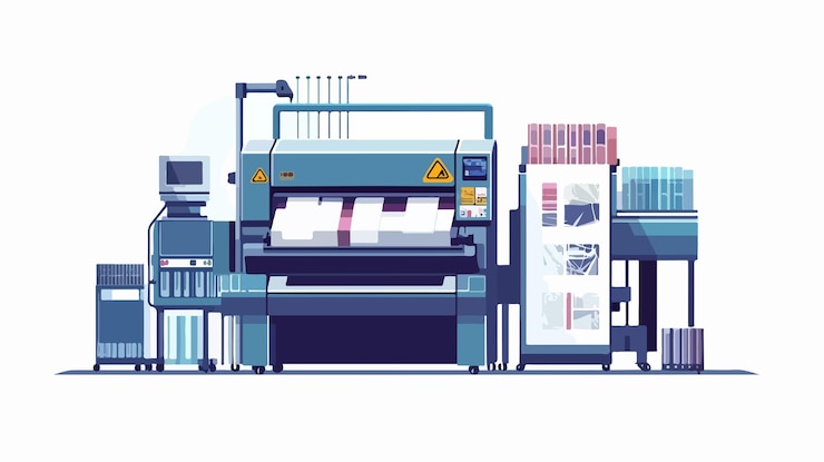 Vector offset printer machine in action polygraphy equipment working