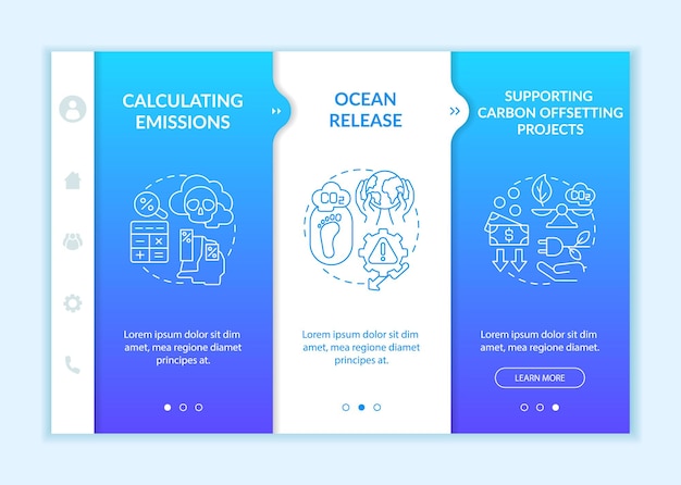 Compensazione del modello vettoriale di onboarding dell'impronta di carbonio. sito mobile reattivo con icone. procedura dettagliata della pagina web in 3 schermate. supporta il concetto di colore dei progetti ecologici con illustrazioni lineari