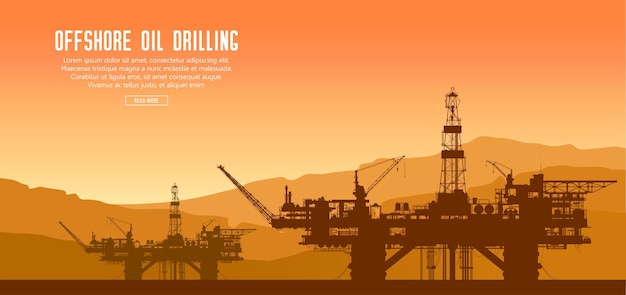 Impianti di perforazione petrolifera offshore al tramonto nel mare. estrazione e raffinazione del petrolio greggio. paesaggio industriale vettoriale.