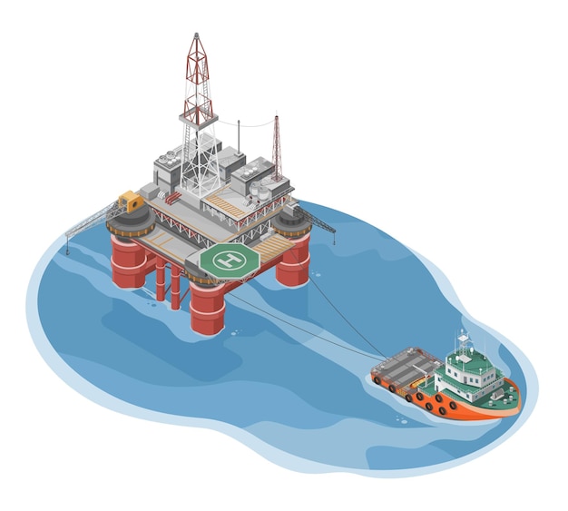 Vector offshore oil and gas rig drilling facility moving and tow by platform supply vessel boat offshore