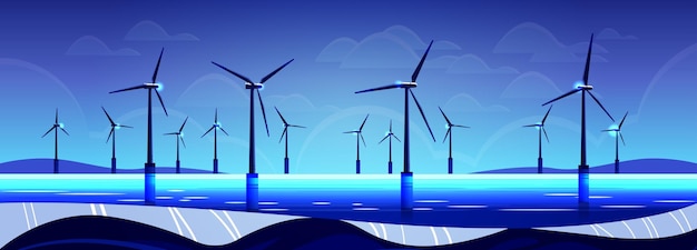 Vettore parco eolico offshore con turbine in mare o oceano stazione di acqua rinnovabile produzione di energia generazione di energia alternativa