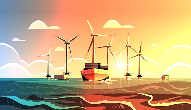 offshore windpark met turbines en schip in zee of oceaan hernieuwbare water station energieproductie alternatieve energieopwekking concept zeegezicht achtergrond horizontale vectorillustratie