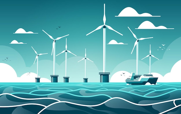 Offshore windpark met turbines en schip in zee of oceaan hernieuwbare waterstation energieproductie alternatieve energieopwekking