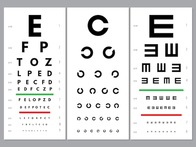 Vector ogen grafieken. oogheelkunde visie test alfabet en letters optische alfabetletters