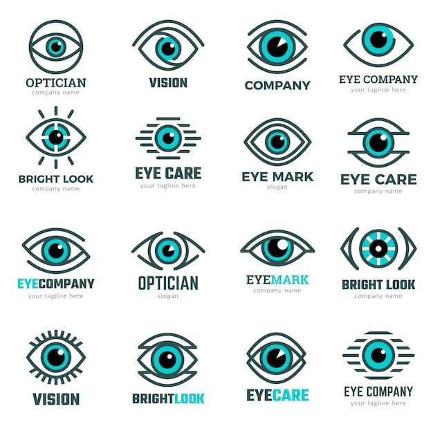 Ogen symbolen. medische logo's collectie voor oogheelkundige kliniek focus menselijk oog visie recente vectorafbeeldingen. illustratie oogbol, optische oogheelkunde pictogrammen