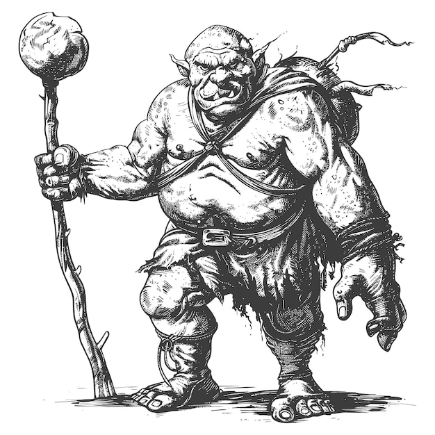 Vector ogre mage or necromancer with magical staff images using old engraving style