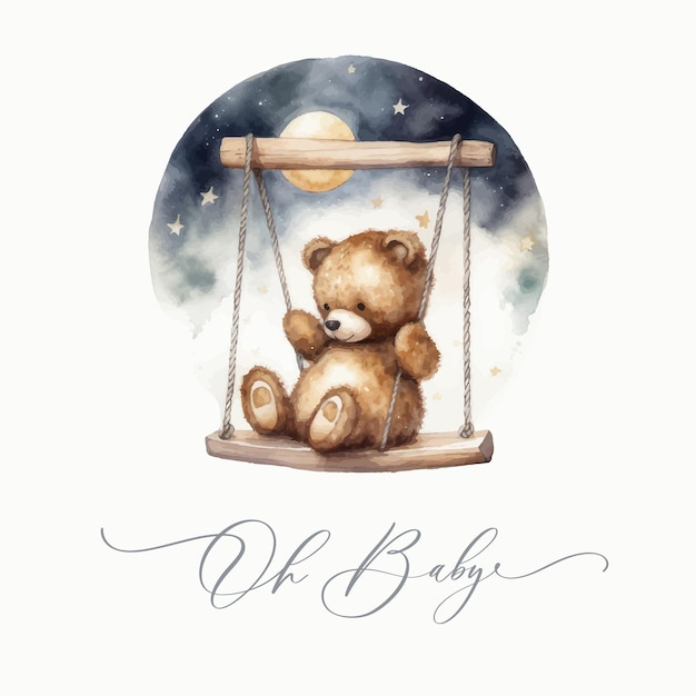 Oh baby Cute baby shower watercolor invitation card card with teddy bear