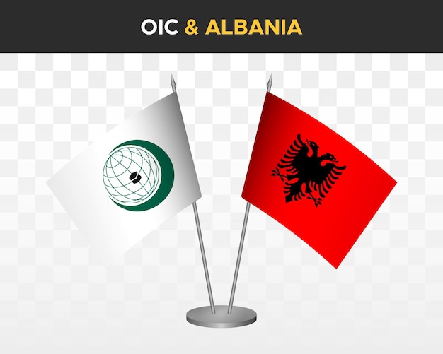 OIC Organisation islamic cooperation vs albania desk flags mockup 3d vector illustration