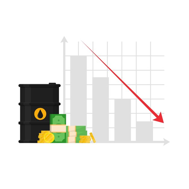 Вектор Барель нефти и график падение рынка нефти снижение цены на нефть барель и деньги вектор иллюстрация изолирована на белом фоне10 eps