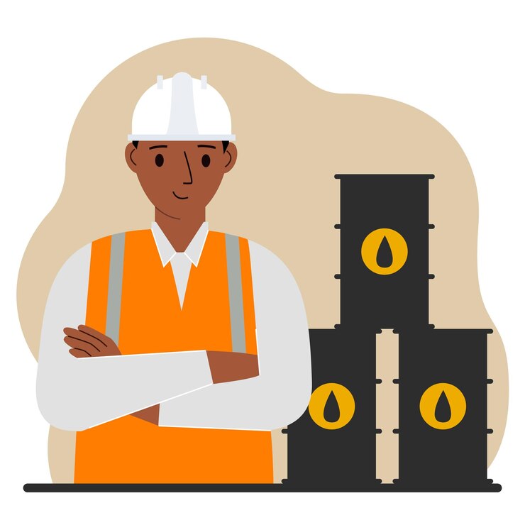 Vector oil barrels and a smiling oilman oil industry and worker or engineer in special clothes and helmet vector flat illustration