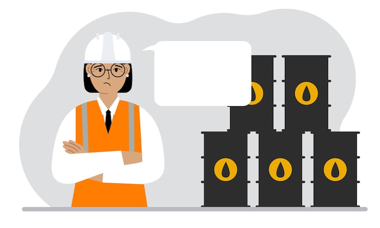 Vector oil barrels and a smiling oilman oil industry and worker or engineer in special clothes and helmet