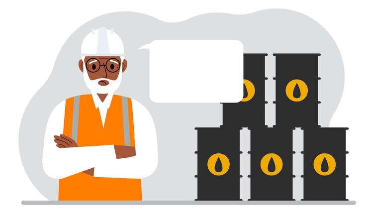 Vector oil barrels and a smiling oilman oil industry and worker or engineer in special clothes and helmet