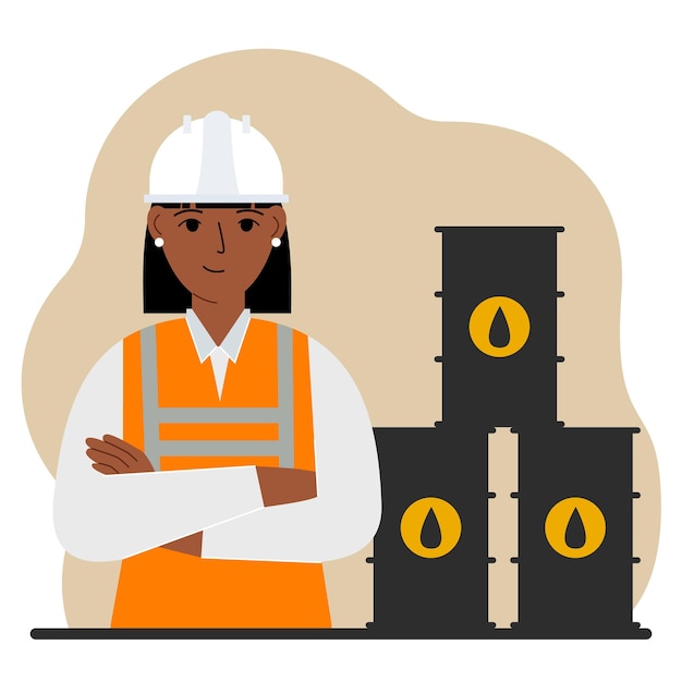 Vector oil barrels and a smiling oilwoman oil industry and worker or engineer in special clothes and helmet vector flat illustration