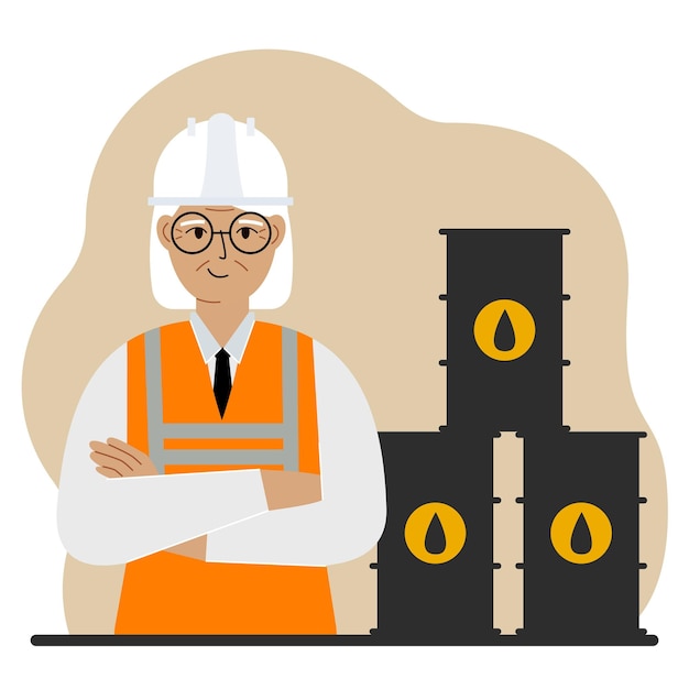Нефтяные бочки и улыбающаяся старая нефтяница Нефтяная промышленность и рабочий или инженер в специальной одежде и шлеме Векторная плоская иллюстрация