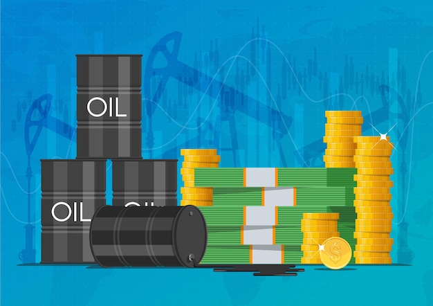 Vettore botte di petrolio monete d'oro e pile di denaro affari e mercati finanziari concetto illustrazione vettoriale