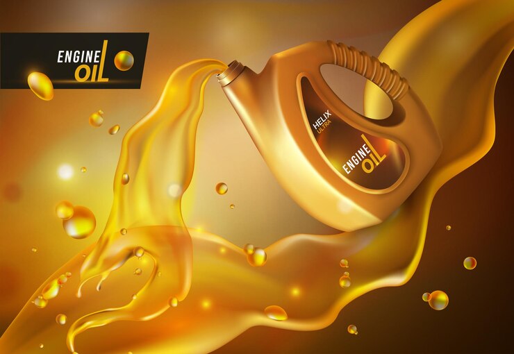 Vector oil change motor lubricant splash liquid pour spill automotive synthetic fluid 3d canister with splatters vehicle maintenance service vector engine gasoline advertising banner