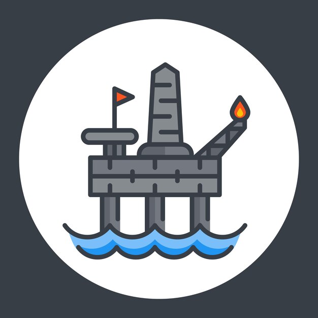 Oil drilling platform icon, offshore rig, flat style with outline, vector illustration