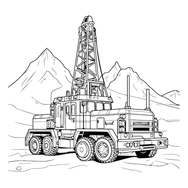 Vector oil drilling truck of oil drilling rig in the mountains