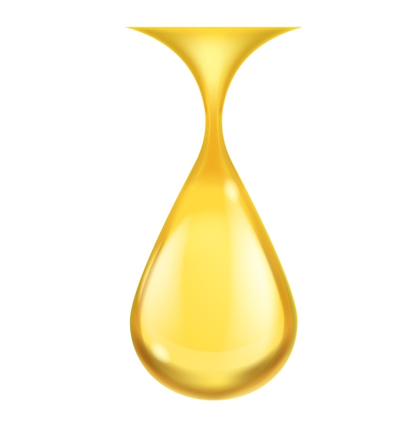 Капля масла реалистичная Желтая капля 3D Золотой мед или капли нефти икона блестящего эфирного аромата или оливкового масла для приготовления пищи, падающая золотая жидкость Вектор, изолированный на белом фоне