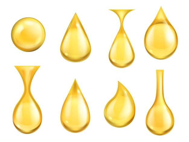 Vector oil drops realistic honey drop falling gasoline yellow golden droplet collection gold capsule of liquid vitamin dripping machine oil or lotion vector set isolated on white background