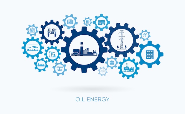 Energia del petrolio, centrale elettrica dell'olio con l'icona dell'ingranaggio