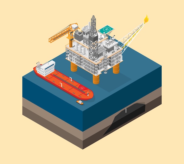 Нефтяная нефтяная вышка на нефтяной платформе с изометрической графикой