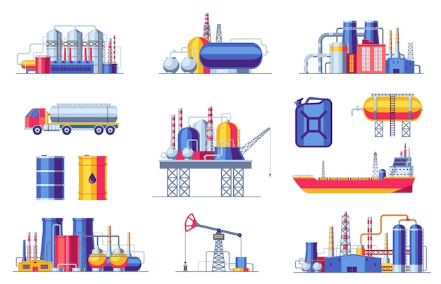 Icone di estrazione e produzione di petrolio costruzioni dell'industria del gas combustibile conduttura di barili di petrolio simboli di trasporto del carbone in stile cartone animato set isolato vettoriale