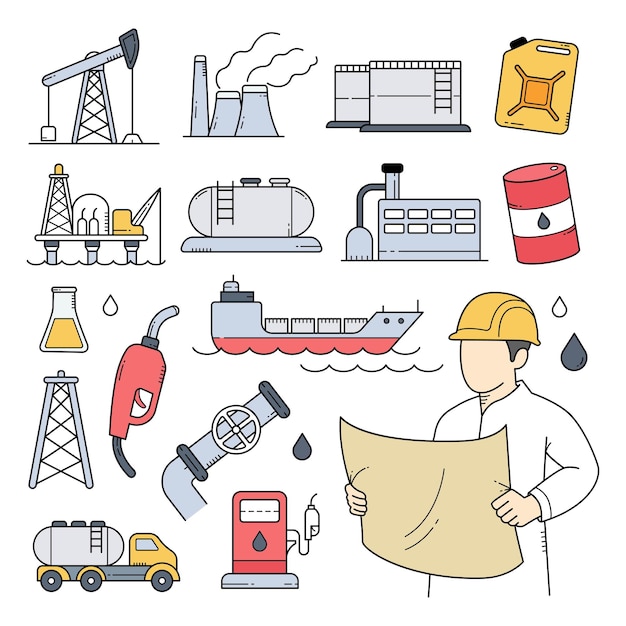 Oil and gas industry doodle hand drawn vector illustration