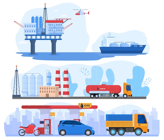 Oil and gas industry, processing station and logistics distribution transport,  illustration