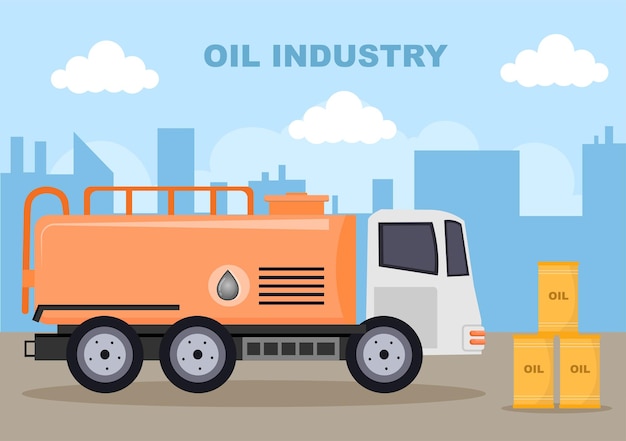 Нефтегазовая промышленность векторные иллюстрации. добыча сырой нефти, нефтеперерабатывающий завод, бурение, заправочная станция, трубопровод для резервуаров и доставка топлива автомобильным транспортом