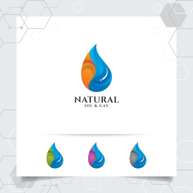Вектор дизайна логотипа нефтяного газа с концепцией пылающего огня и значка капель масла для горнодобывающей промышленности