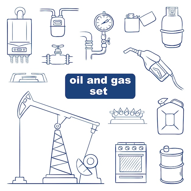 oil and gas set hand drawn vector illustration