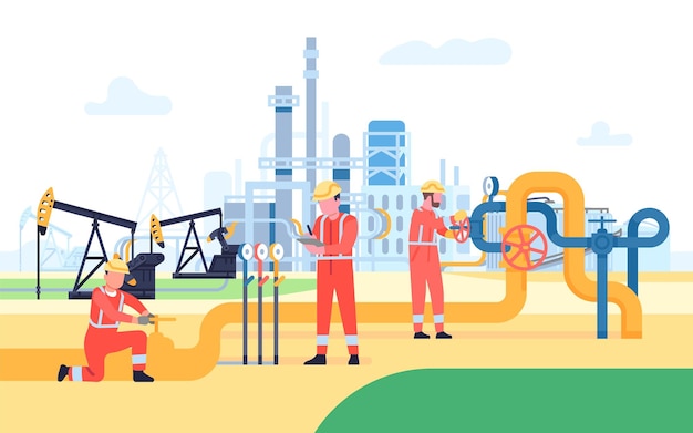 Oil gas workers petroleum pipeline engineers factory work people energy resources rigs and pumps fossil resource fuel products industry petrol production workers vector concept