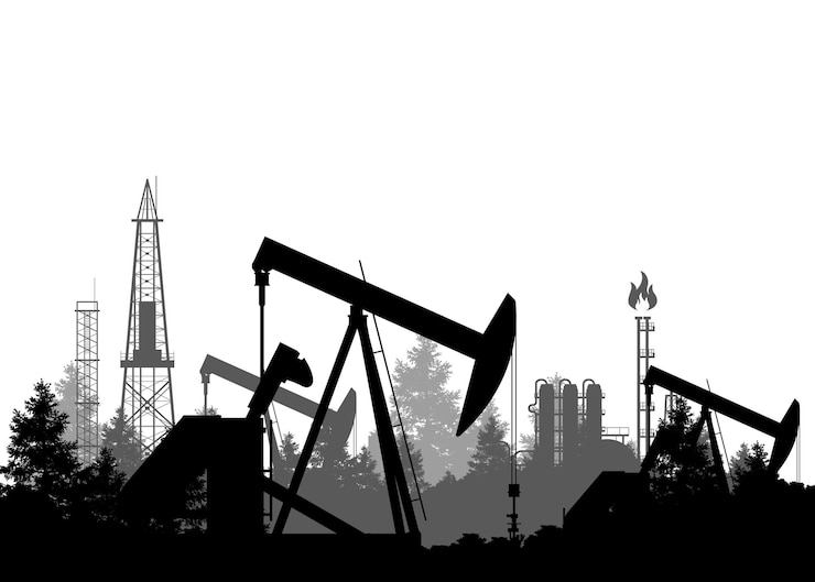 Vector oil industry banner silhouette of pumpjack and refinery plant overground drive for a reciprocating piston pump in an oil well vector
